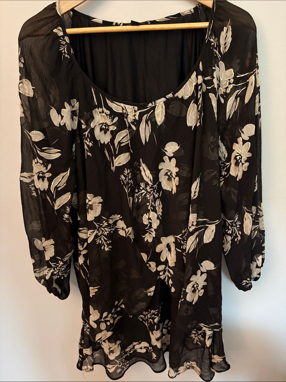 Black Sheer Floral Blouse with Cream Bloom Print